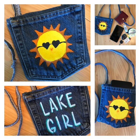 Handmade Crossbody Bag: Lake Girl Theme Cell Phone Holder, Recycled Denim Purse - Picture 11 of 11